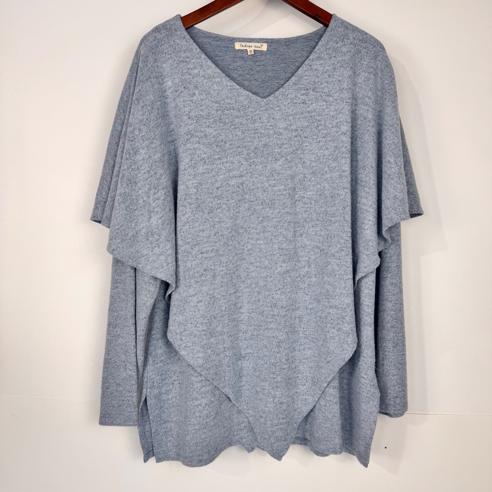 Indigo Soul Top Women 2XL Blue Draped V-Neck Long Sleev Layered Soft Knit Casual